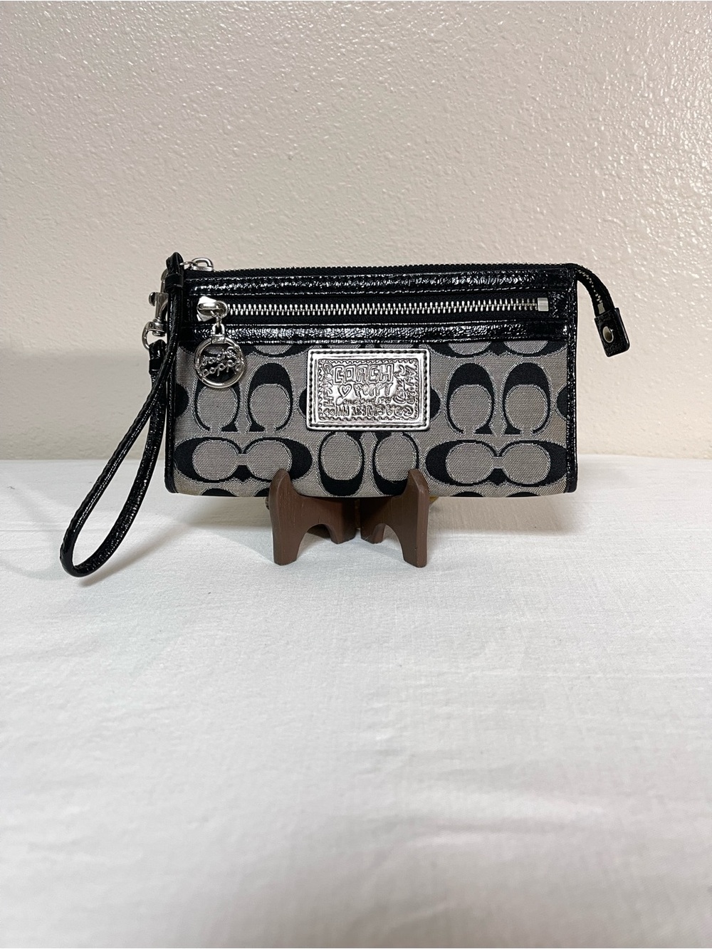 Coach Poppy Black and Gray Signature Wallet Wristlet with Leather Trim